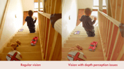 Side-by-side comparison of a child walking down a staircase. The left image shows clear, regular vision with visible steps and toys on the stairs. The right image simulates vision with depth perception issues, making the steps and objects appear flatter and less distinct, highlighting the risk of tripping